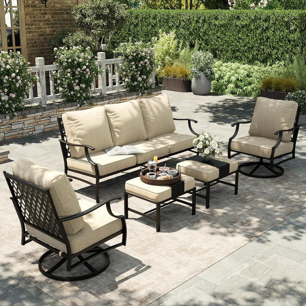 5-Piece Outdoor Patio Conversation Set with Swivel Chairs, Ottomans and 3-Seat Sofa, Cushioned 7-Seat Furniture Collection for Backyard, Garden and Patio