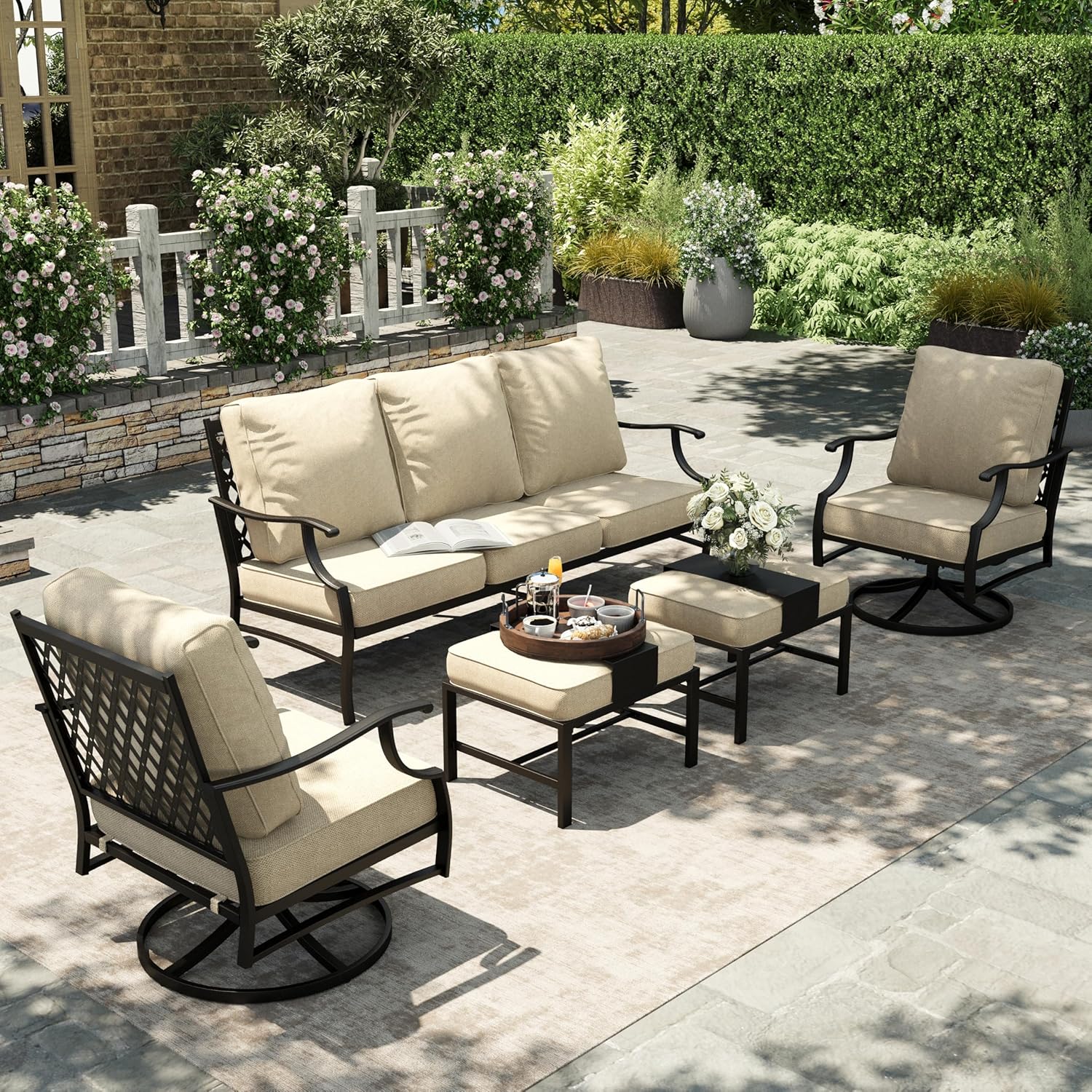 5-Piece Outdoor Patio Conversation Set with Swivel Chairs, Ottomans and 3-Seat Sofa, Cushioned 7-Seat Furniture Collection for Backyard, Garden and Patio